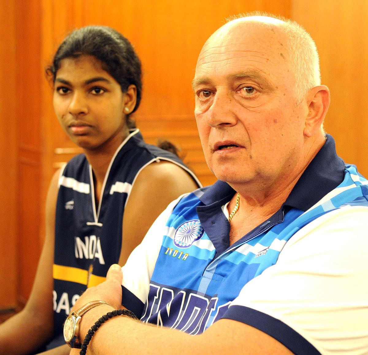 HOPEFUL Indian coach Zoran Visic addresses the media as captain Pushpa Senthil Kumar looks on. DH Photo 