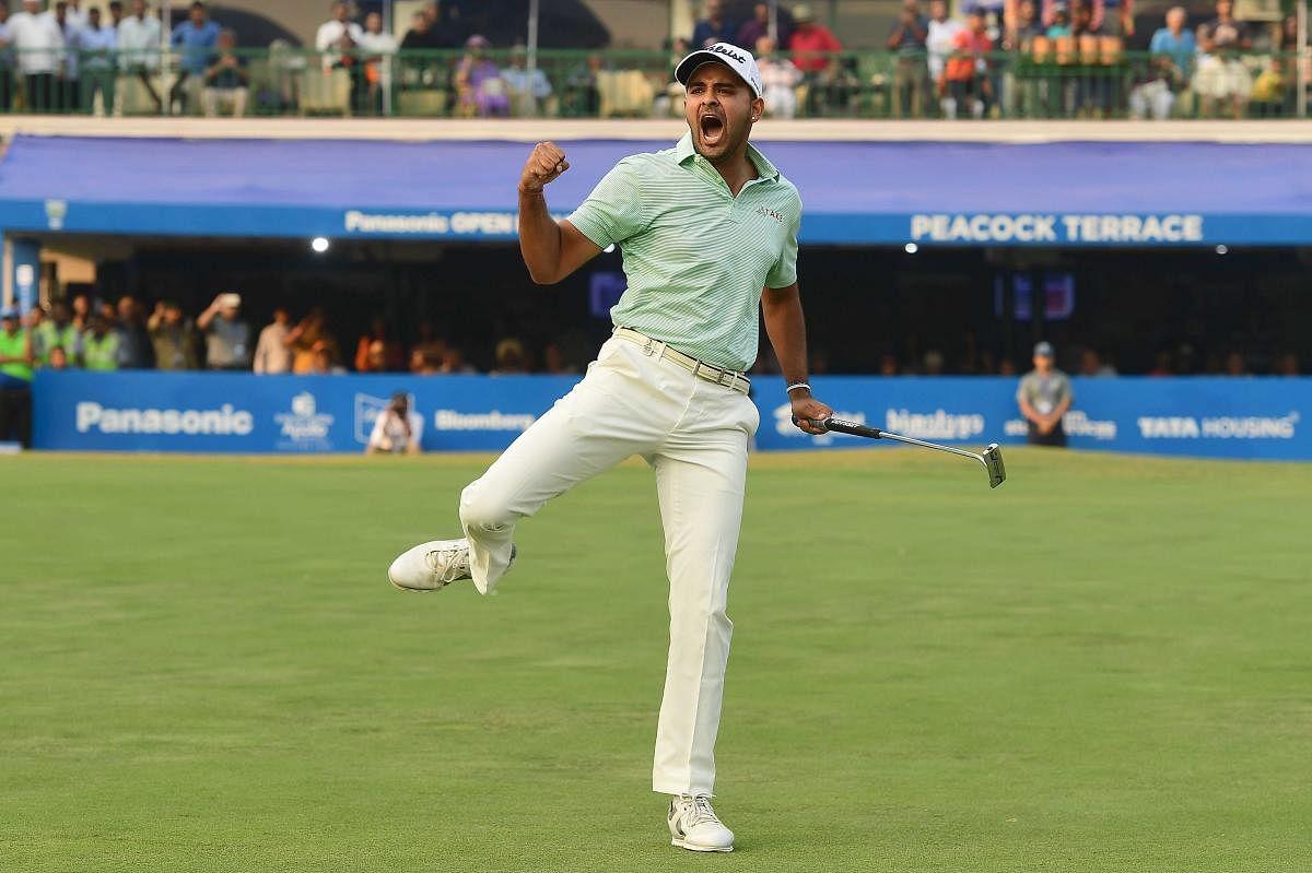 Bengaluru pro Khalin Joshi exults after winning the Panasonic Open India golf tournament at the Delhi Golf Club in New Delhi on Sunday. ASIAN TOUR