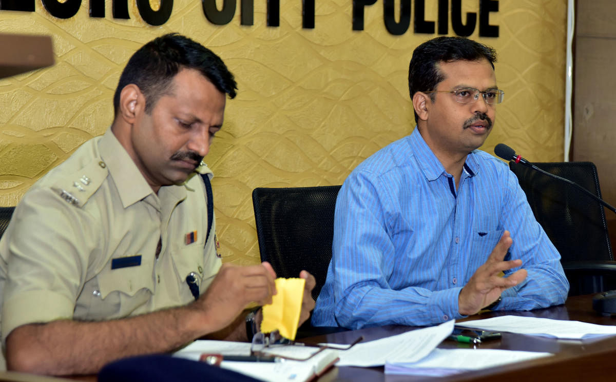 Superintendent of Police (Civil Rights Enforcement) C B Vedamurthy speaks during the monthly SC/ST grievance meeting held at the office of Commissioner of Mangaluru City Police in Mangaluru on Sunday.