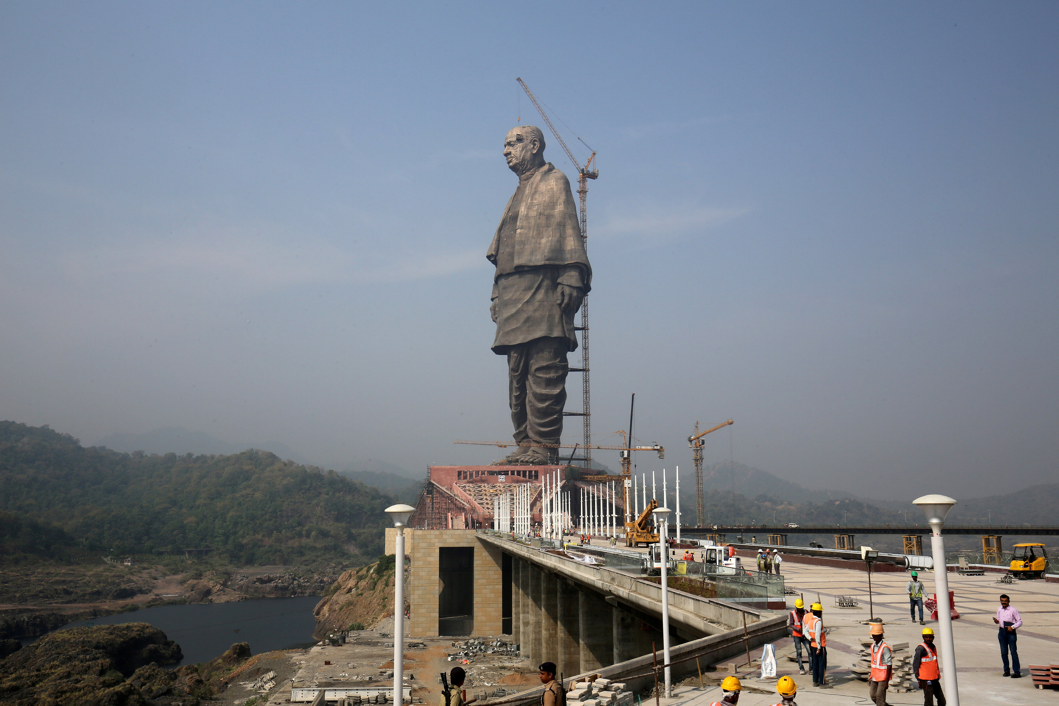 Labourers work at the under construction site of the "Statue of Unity" portraying Sardar Vallabhbhai Patel, in Kavadia, Gujarat. (Reuters)