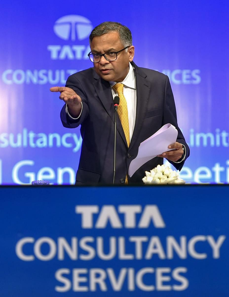 Natarajan Chandrasekaran, chairman of Tata Sons, addresses the annual general meeting of Tata Consultancy Services (TCS), in Mumbai on Friday. PTI