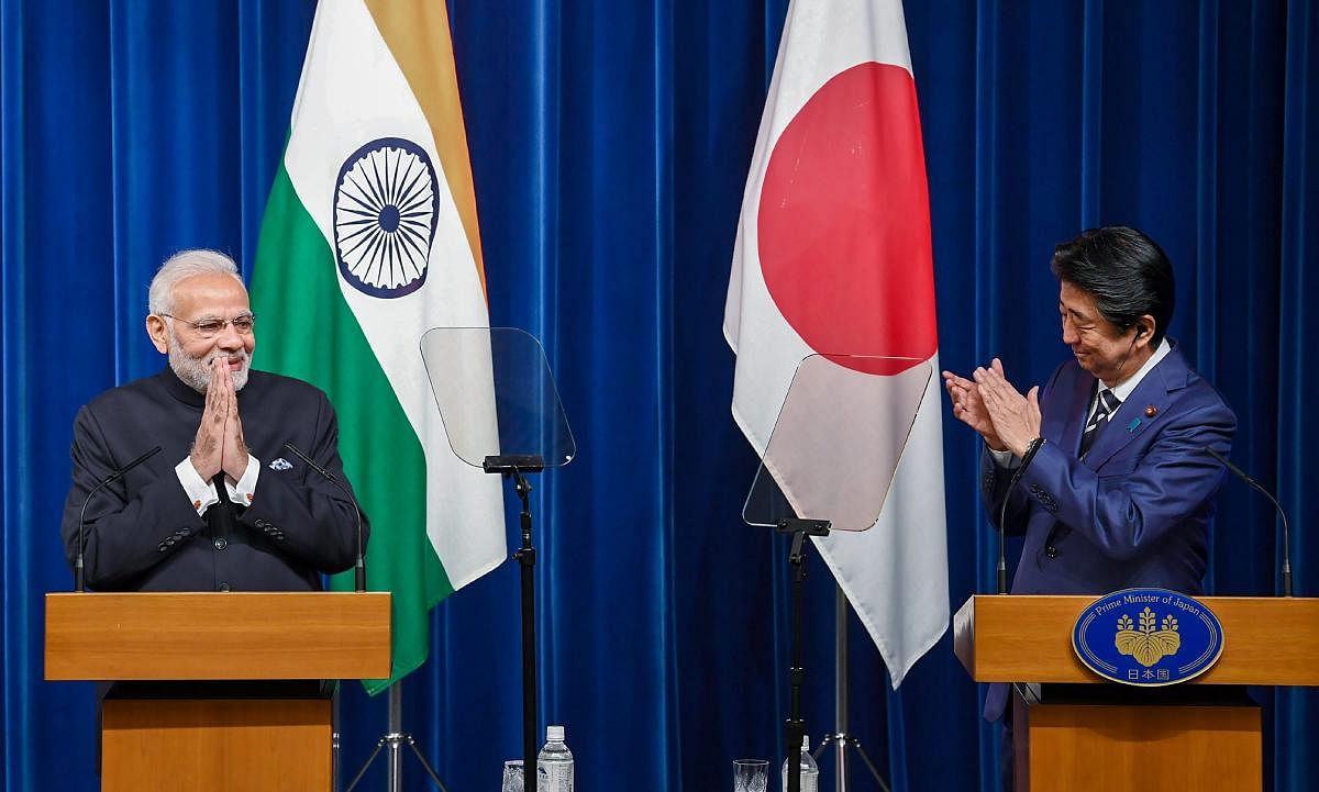 Prime Minister Narendra Modi and Japanese Prime Minister Shinzo Abe during the Joint Press Statement, in Tokyo, Japan, Monday, Oct 29, 2018. (PIB Photo via PTI)
