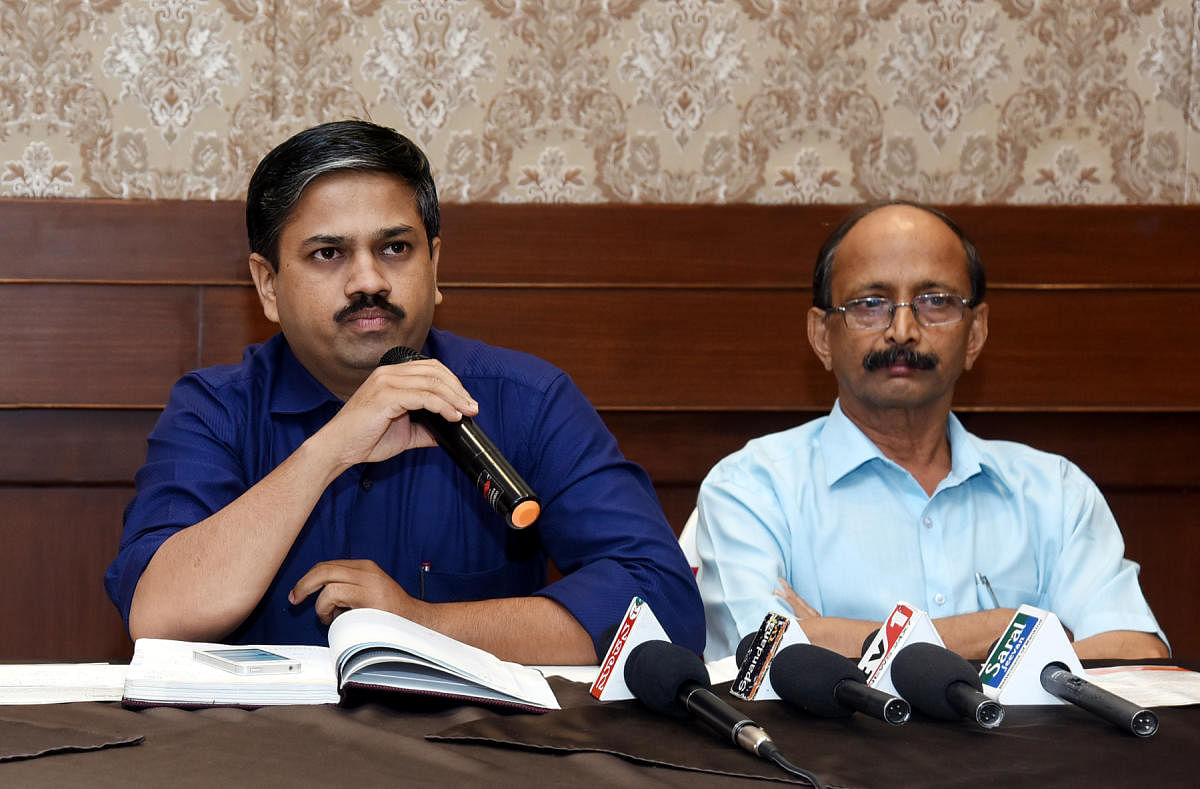 Mangaluru Lit Fest Organising member Sriraj Gudi speaks to mediapersons, in Mangaluru, on Tuesday. 