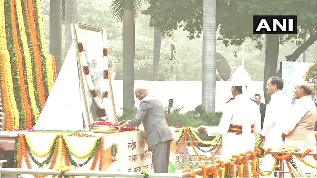​Preseident Ram Nath Kovind, Vice President M Venkaiah Naidu and Home Minister Rajnath Singh offer floral tributes to Sardar Vallabhbhai Patel. (ANI/Twitter)
