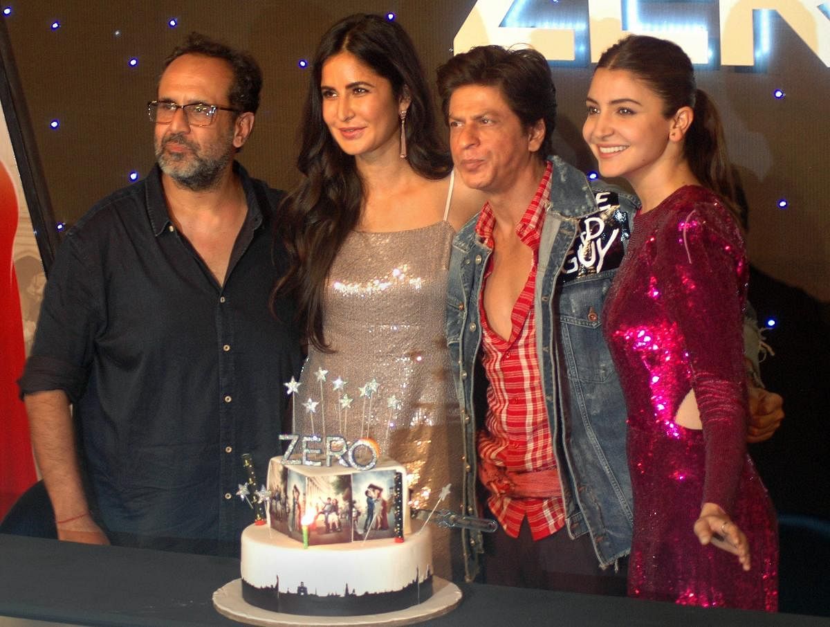 Bollywood actor Shahrukh Khan with actress Katrina Kaif, Anushka Sharma and filmmaker Anand L Rai during the trailer launch of their upcoming film Zero in Mumbai. PTI Photo