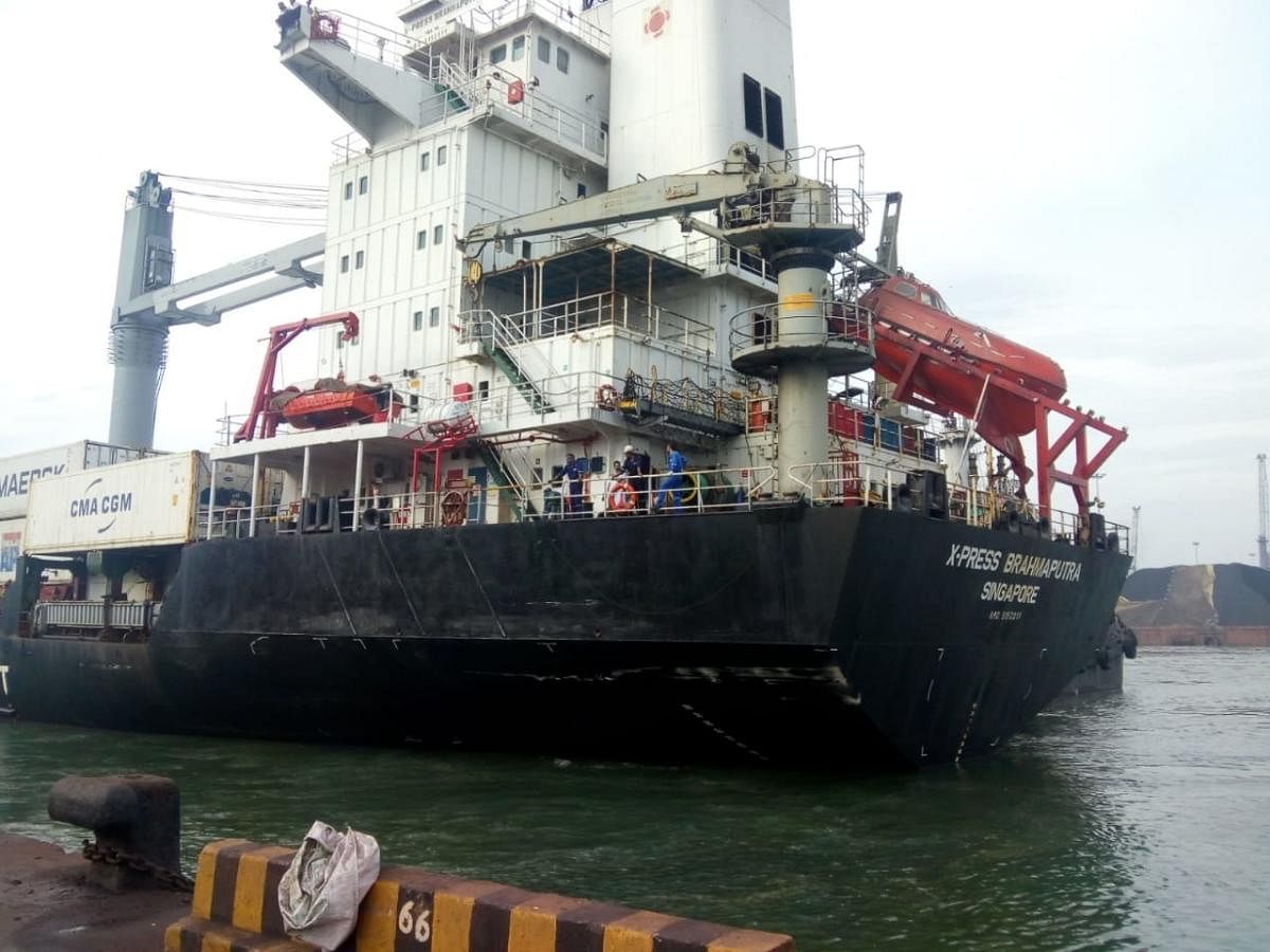 Container ship, MV X- press Brahmaputra, re-berthed at Berth number 2 after an oil spill in New Mangalore Port on Saturday.