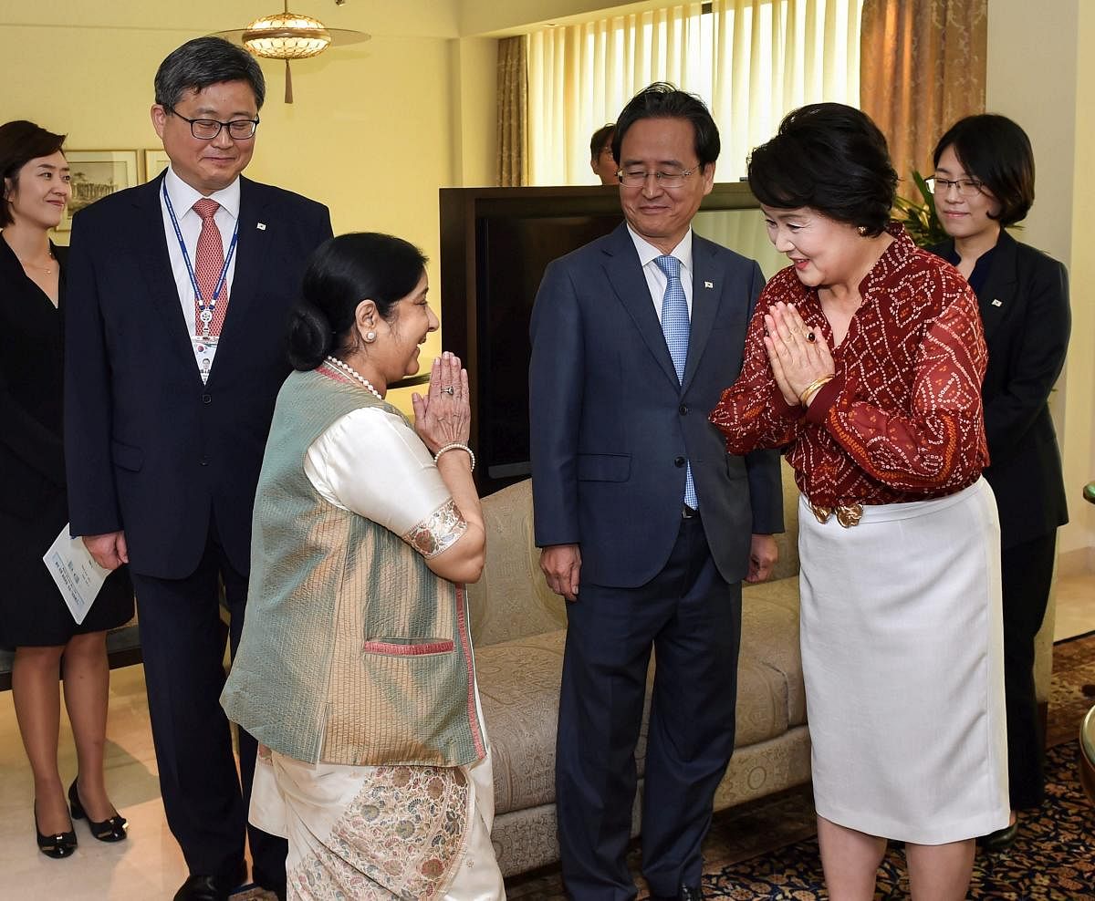 External Affairs Minister Sushma Swaraj greets South Korean First Lady Kim Jung-sook before a meeting, in New Delhi, Monday, Nov 5, 2018. (PTI Photo)