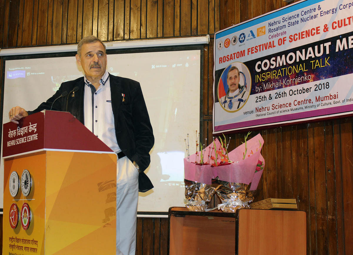 Mikhail Kornienko while addressing a gathering on his space travels at Rosatom Festival of Science and Culture in Mumbai on Thursday. DH Photo