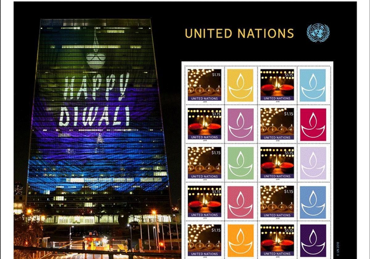 The sheet in the denomination of USD 1.15 contains ten stamps and tabs featuring festive lights and the symbolic lamps known as diyas. (Image: Twitter/@UN)