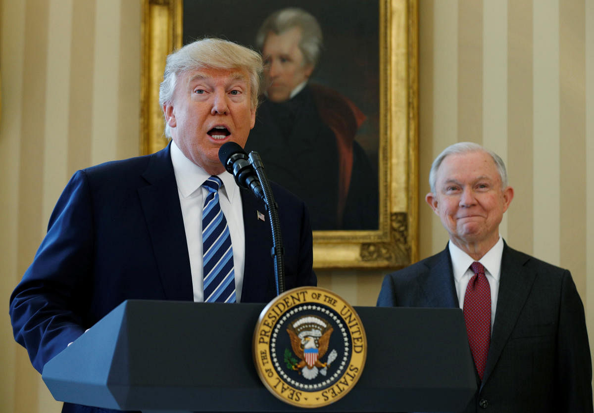 U.S. President Donald Trump speaks during a swearing-in ceremony for new Attorney General Jeff Sessions (R) at the White House in Washington, U.S., February 9, 2017. Reuters