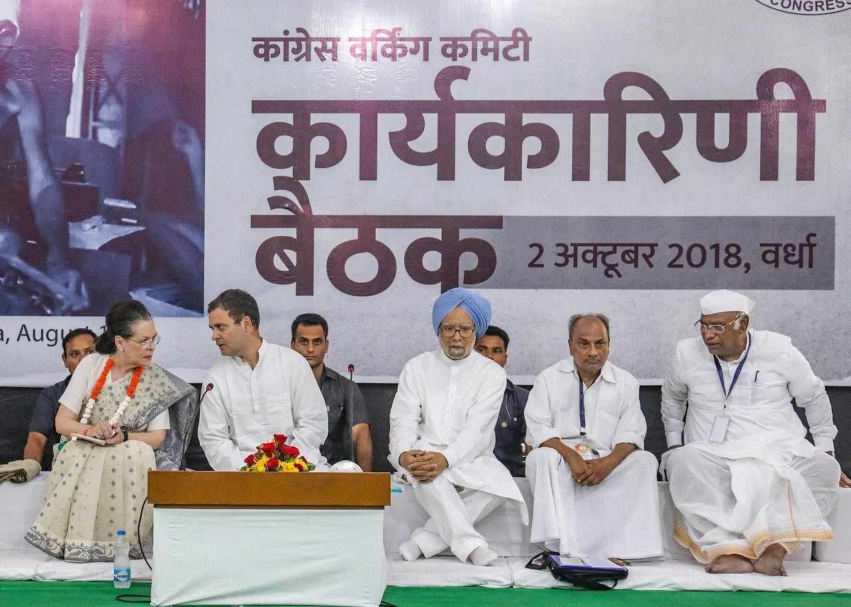 Congress President Rahul Gandhi, former Congress president Sonia Gandhi, former prime minister Manmohan Singh and other senior leaders at a function on the birth anniversary of Mahatma Gandhi at Sevagram in Wardha on Tuesday. PTI