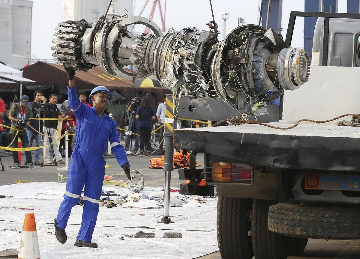 An official moves a recovered engine from the crashed Lion Air jet. AP/PTI file photo