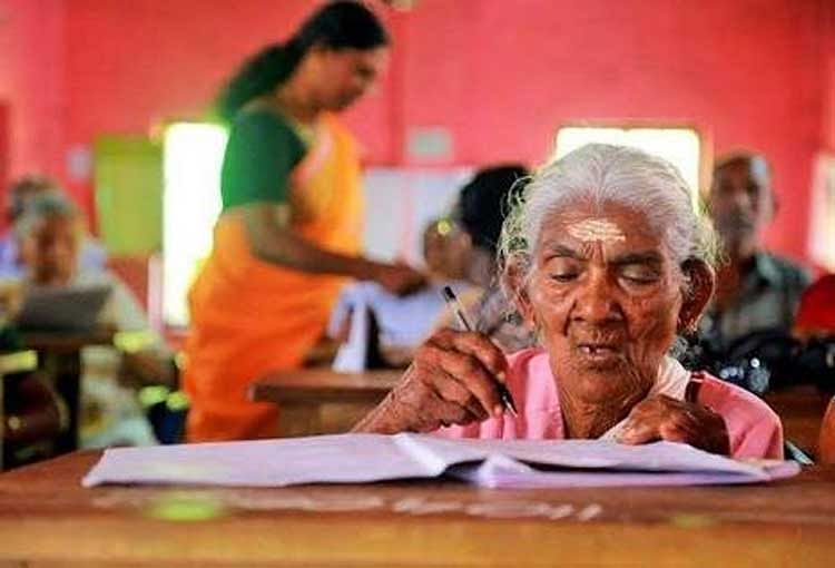 Karthyayani Amma, the oldest candidate who appeared for the "Aksharalaksham" programme of the state-run Kerala State Literacy Mission Authority, scored 98 marks out of 100. (Photo courtesy: @KiranKS)