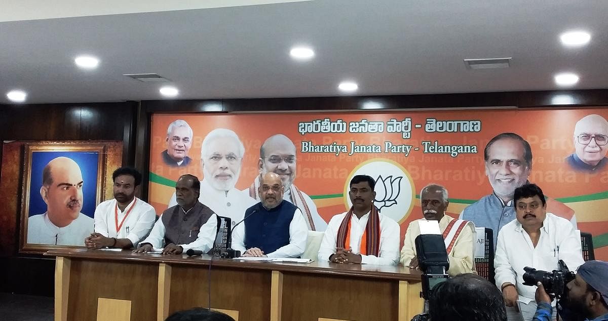 BJP national president Amit Shah addresses a press conference in Hyderabad on Saturday. (DH Photo)