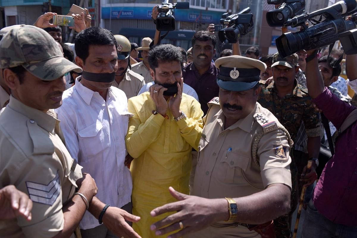 MLA C T Ravi and others were detained by the police for carrying out a protest against Tipu Jayanti in Chikkamagaluru on Saturday.