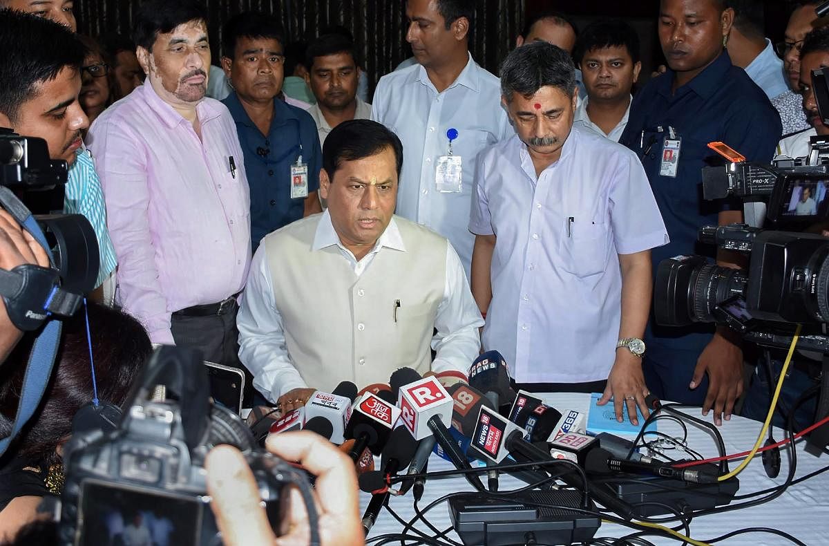 Assam Chief Minister Sarbananda Sonowal speaks to the media regarding the National Register of Citizenship (NRC), in Guwahati on Monday. PTI
