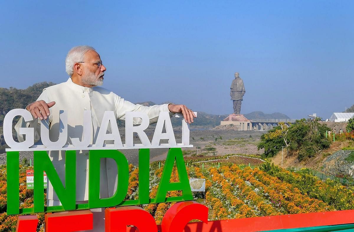 Prime Minister Narendra Modi at the inauguration of 'Valley of Flowers', overlooking the 182-metre-high statue of Sardar Vallabhbhai Patel, on the occasion of Rashtriya Ekta Diwas, at Kevadiya colony of Narmada district. PTI