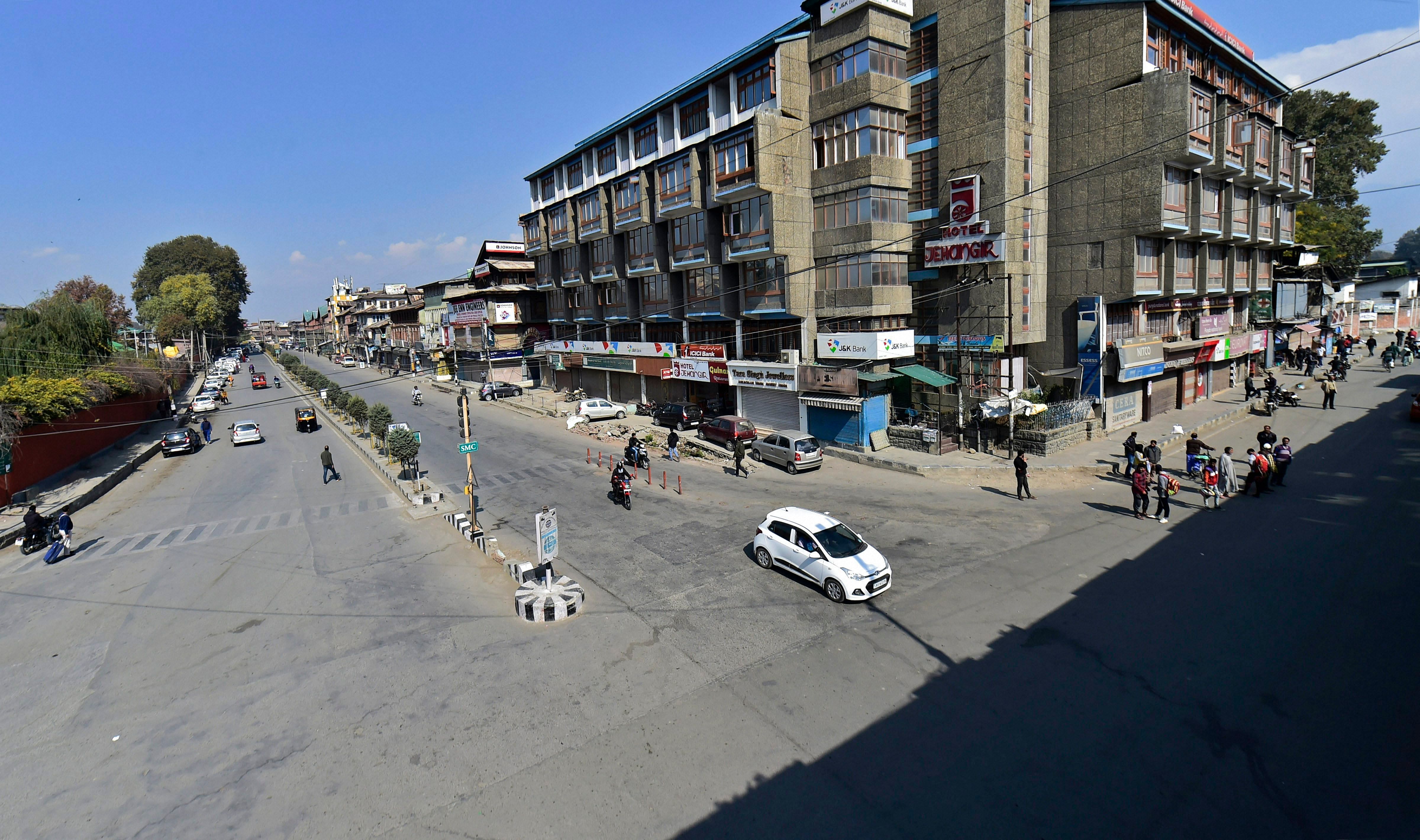A scene of the city during a strike called by separatist leaders, over the death of 7 civilians in a blast at an encounter site in Laroo area of Kulgam district of south Kashmir, in Srinagar, on Monday. PTI