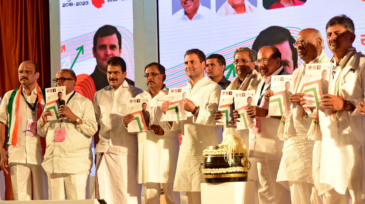 Congress president Rahul Gandhi release his party's manifesto for the upcoming Karnataka Assembly elections in Mangaluru. DH file photo