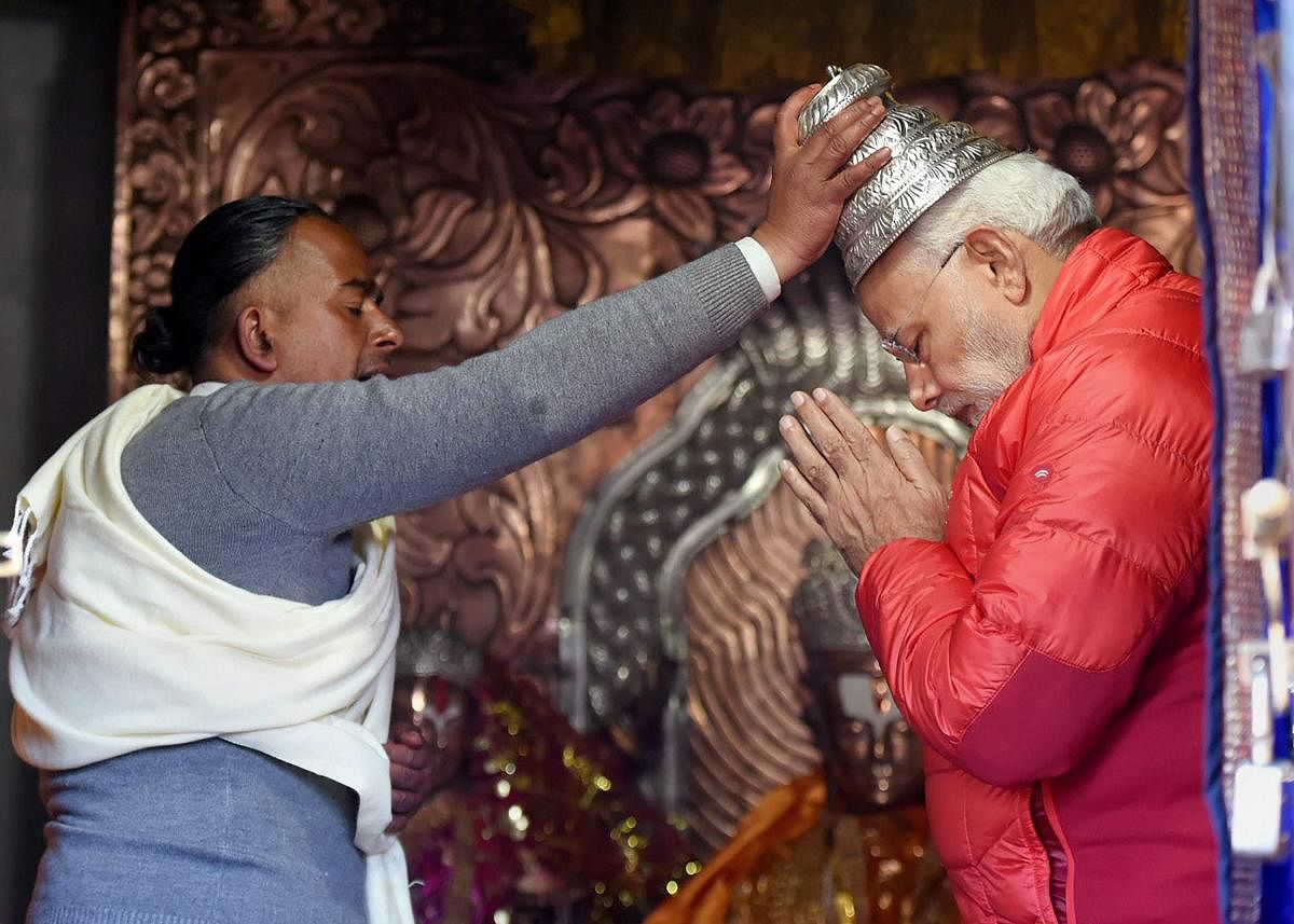 Muktinath, Nepal: Prime Minister Narendra Modi offers prayers at Muktinath Temple in Muktinath on Saturday. (PTI Photo / PIB) (PTI5_12_2018_000061b)