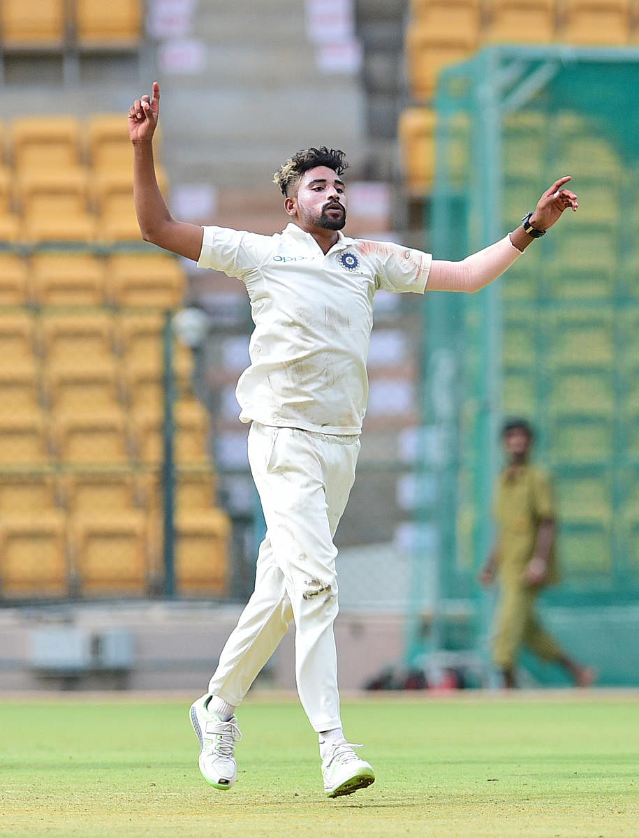 Mohammad Siraj of India 'A' celebrates after dismissing a South Africa 'A' batsman on the opening day of the four-day match in Bengaluru on Saturday. DH Photo/ Ranju P