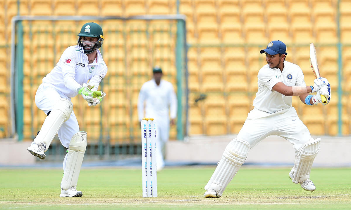 Prithvi Shaw en route to his century against South Africa 'A' on Sunday. DH photo