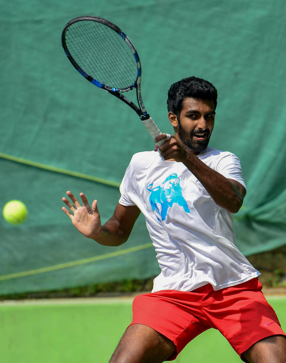 India's Prajnesh Gunneswaran during a practice session on Sunday, ahead of the Bengaluru Open ATP Challenger at the KSLTA Stadium. DH Photo/ S K Dinesh