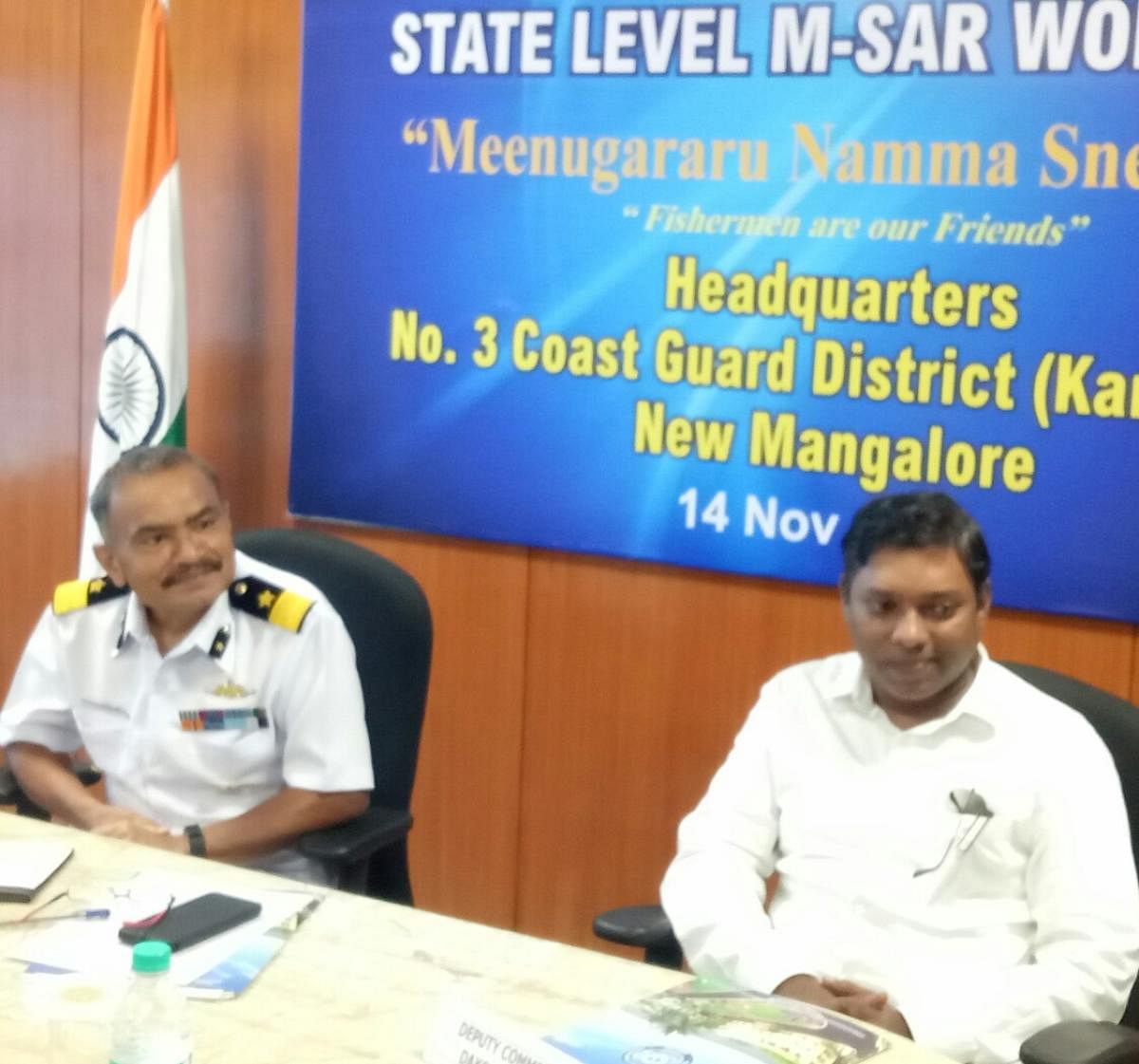 Commander Coast Guard Karnataka DIG S S Dasila and Dakshina Kannada Deputy Commissioner Sasikanth Senthil S at the first state-level Maritime Search and Rescue (M-SAR) workshop organised at the Indian Coast Guard (ICG) district headquarters near Panambur