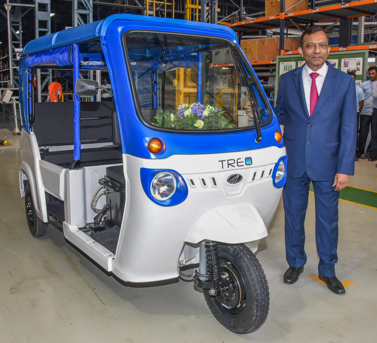Pawan Goenka, Managing Director, Mahindra and Mahindra Ltd at Electric Technology Manufacturing Hub and Treo electric 3 Wheeler launch programme of Mahindra Electric Mobility Limited at Bomasandra in Bengaluru on Thursday. Photo by S K Dinesh