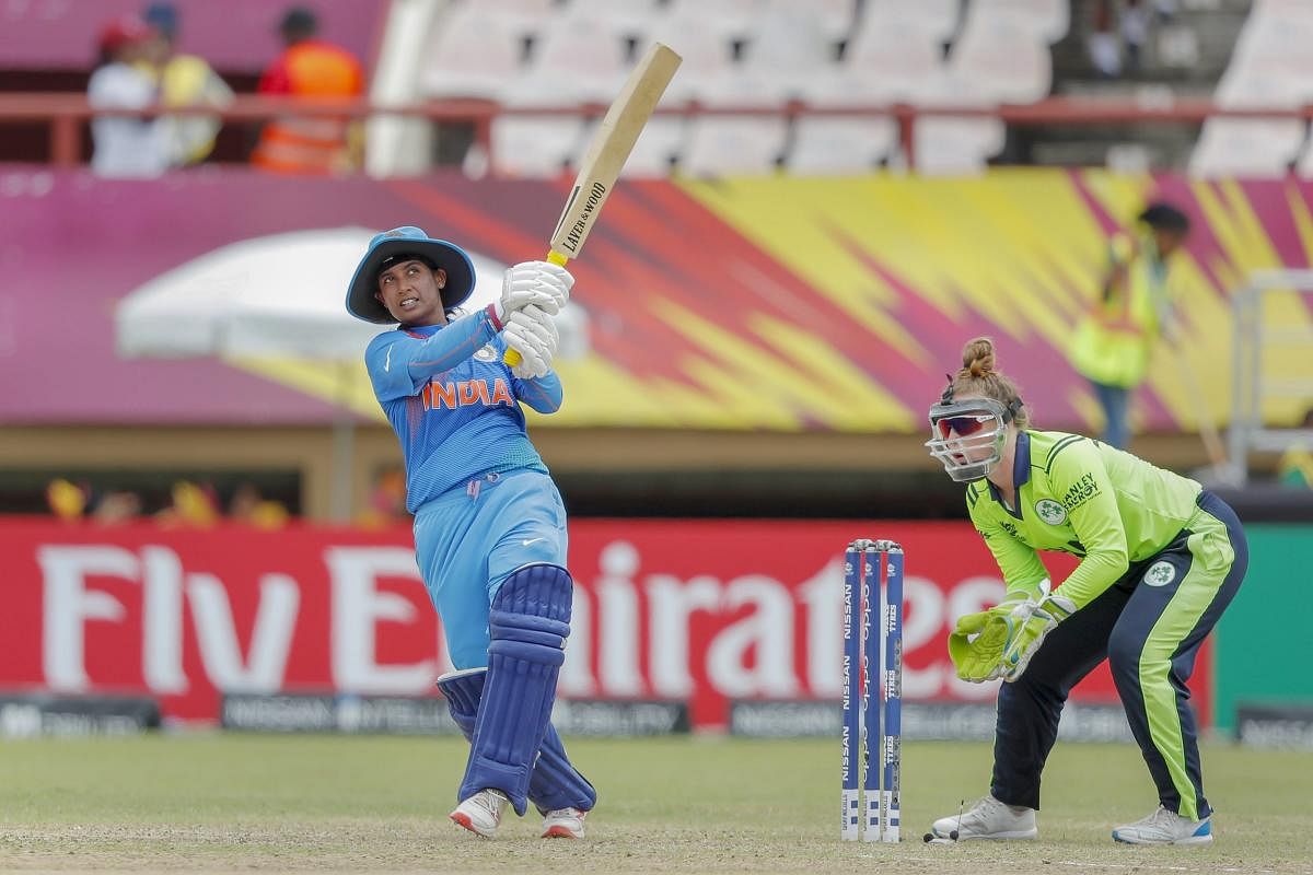 India's Mithali Raj plays a shot during Women's World T20 cricket match against Ireland at Providence, USA. PTI photo.