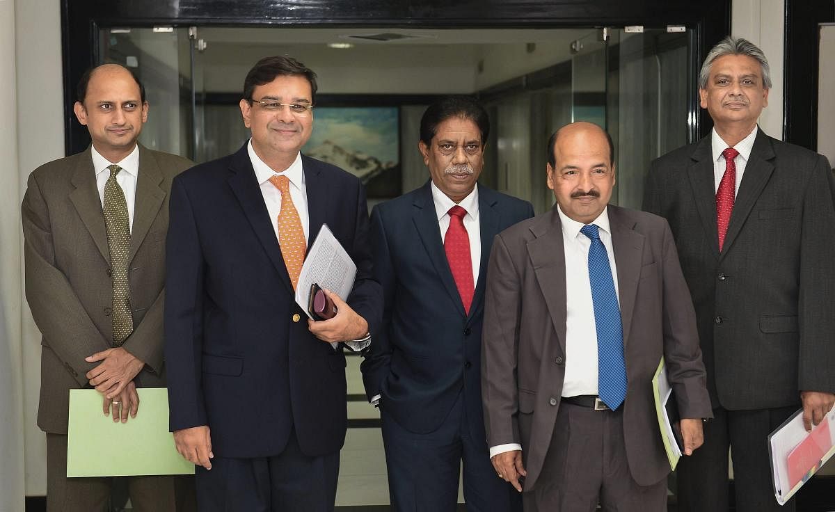 RBI Governor Urjit Patel (second from left) with RBI Deputy Governors (L-R)  Viral Acharya, B P Kanungo and N S Vishwanathan at the RBI headquarters. PTI File photo