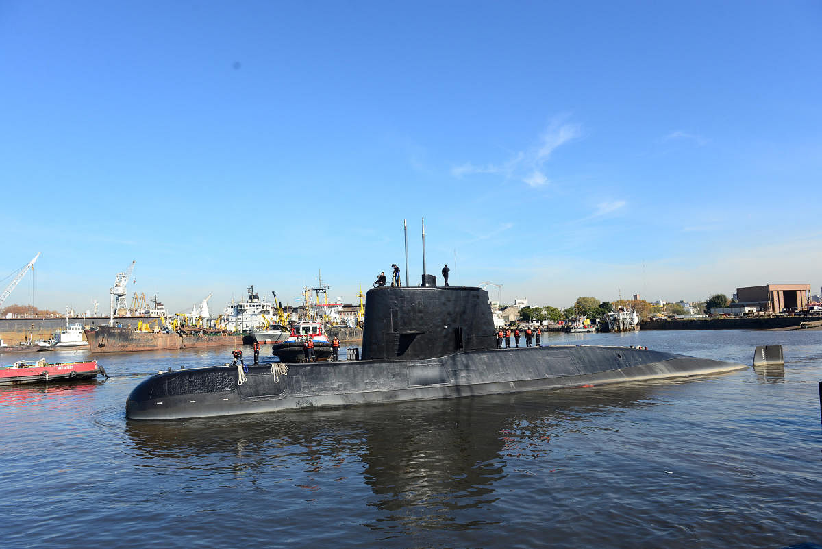 File photo of Argentine military submarine ARA San Juan and crew, seen leaving the port of Buenos Aires in 2014. (Reuters)
