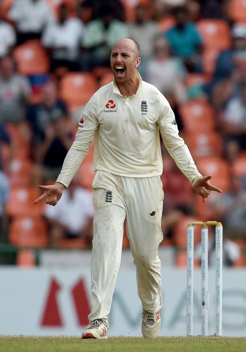 England's Jack Leach celebrates the dismissal of Sri Lanka's Dilruwan Perera on Saturday. AFP
