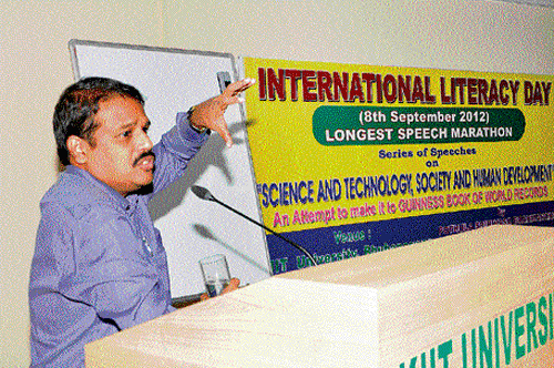 Dr P S Brahmanand speaks during his record-breaking performance