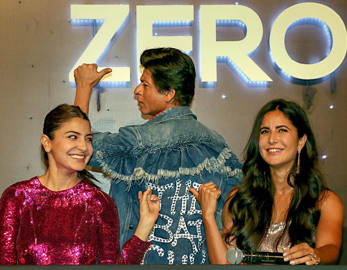 Bollywood actors Shah Rukh Khan with actress Katrina Kaif and Anushka Sharma during trailer launch of their upcoming film Zero in Mumbai. PTI file photo