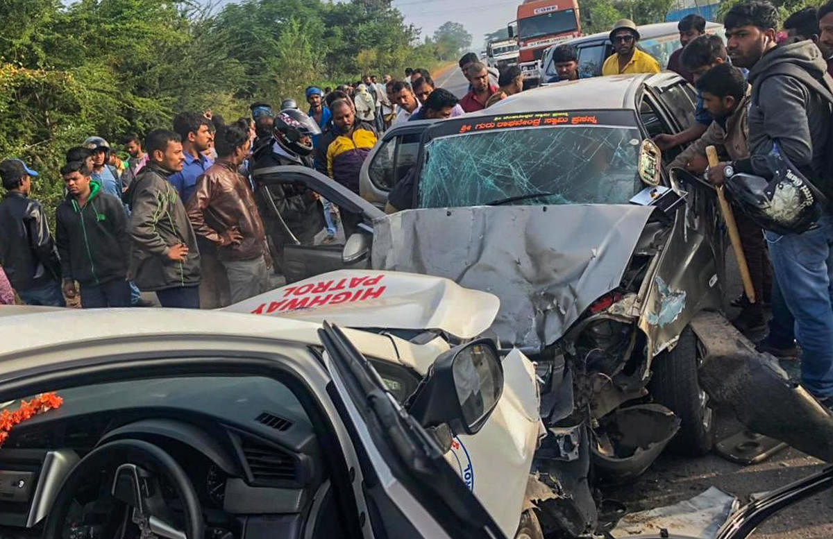 The cars involved in the ghastly accident near Hoskote on Sunday morning. 