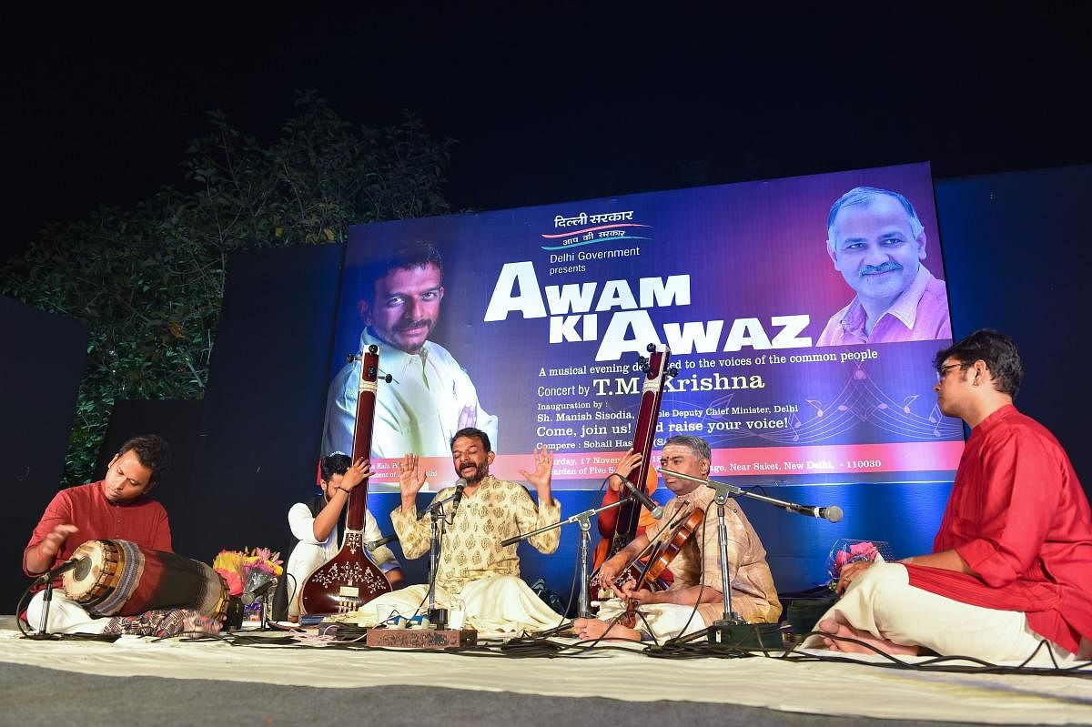 Carnatic music vocalist TM Krishna perform during the concert," Awam ki Awaz" at the Garden of Five Senses in New Delhi on Saturday, Nov 17,2018 .(PTI Photo)