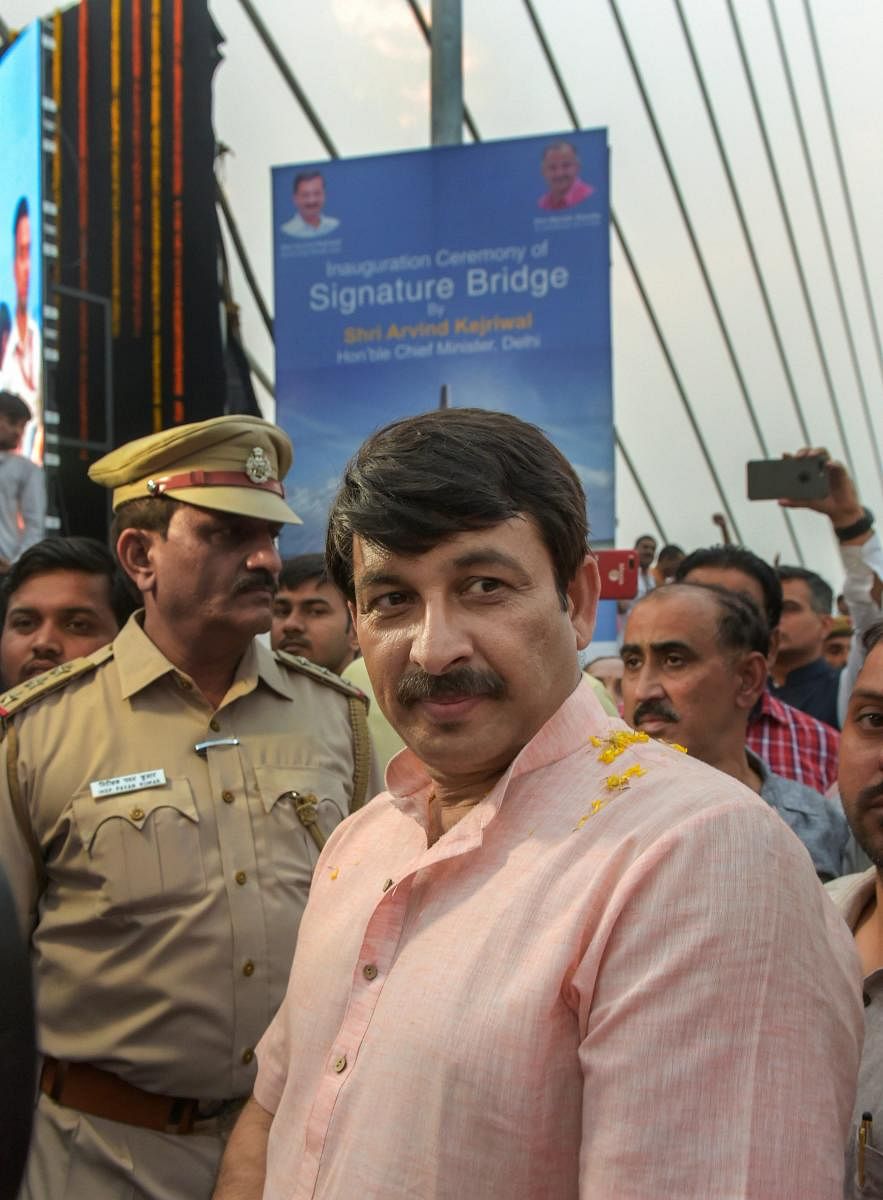 New Delhi: Delhi BJP President Manoj Tiwari after he was not permitted to go to the stage during the inauguration of the Signature Bridge over Yamuna river at Wazirabad in New Delhi, Sunday, Nov 4, 2018. The Signature Bridge, India's first asymmetrical ca