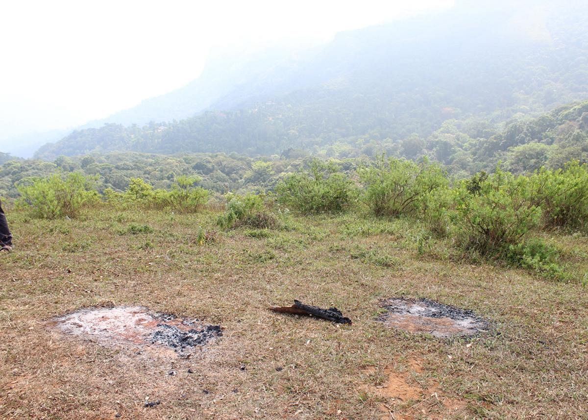 The remains of fire camps at Ballalarayana Durga Reserve Forest.