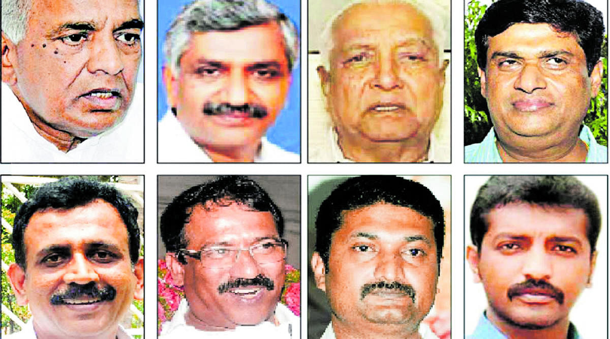 (Top row from left): N S Bose Raju, M D Lakshminarayana, Allum Veerabhadrappa and N Appaji Gowda. (2nd row from left)  S Ravi, R B Timmapur, C R Manohar and Raghu Achar.