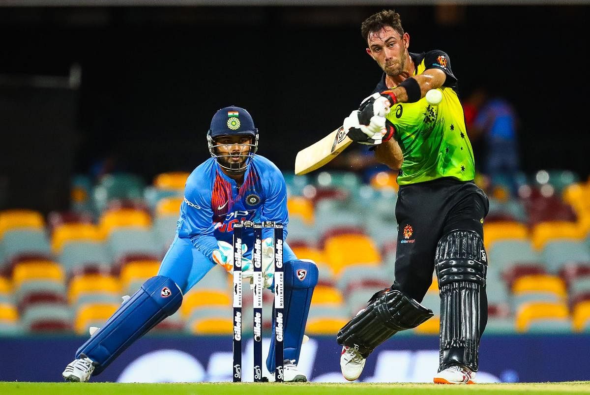 Australia's Glenn Maxwell in an aggressive mood during his 46 in the first T20 International on Wednesday. AFP