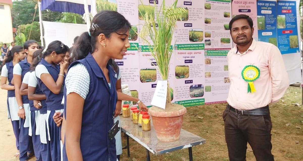 Government PU College students watch an exhibition at a Krishi Kshethrotsava held at Forestry College at Ponnampet.
