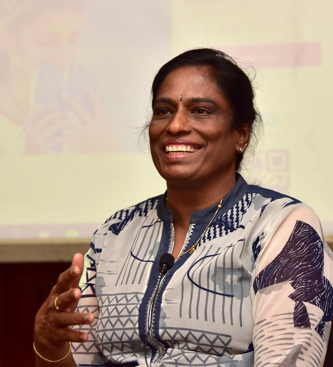 Former Indian Athlete P T Usha talking in a press conference on crowdfunding to empower Athletes of tomorrow, of P T Usha School of Athlwtics, at Capital hotel in Bengaluru on Friday. Photo/ B H Shivakumar