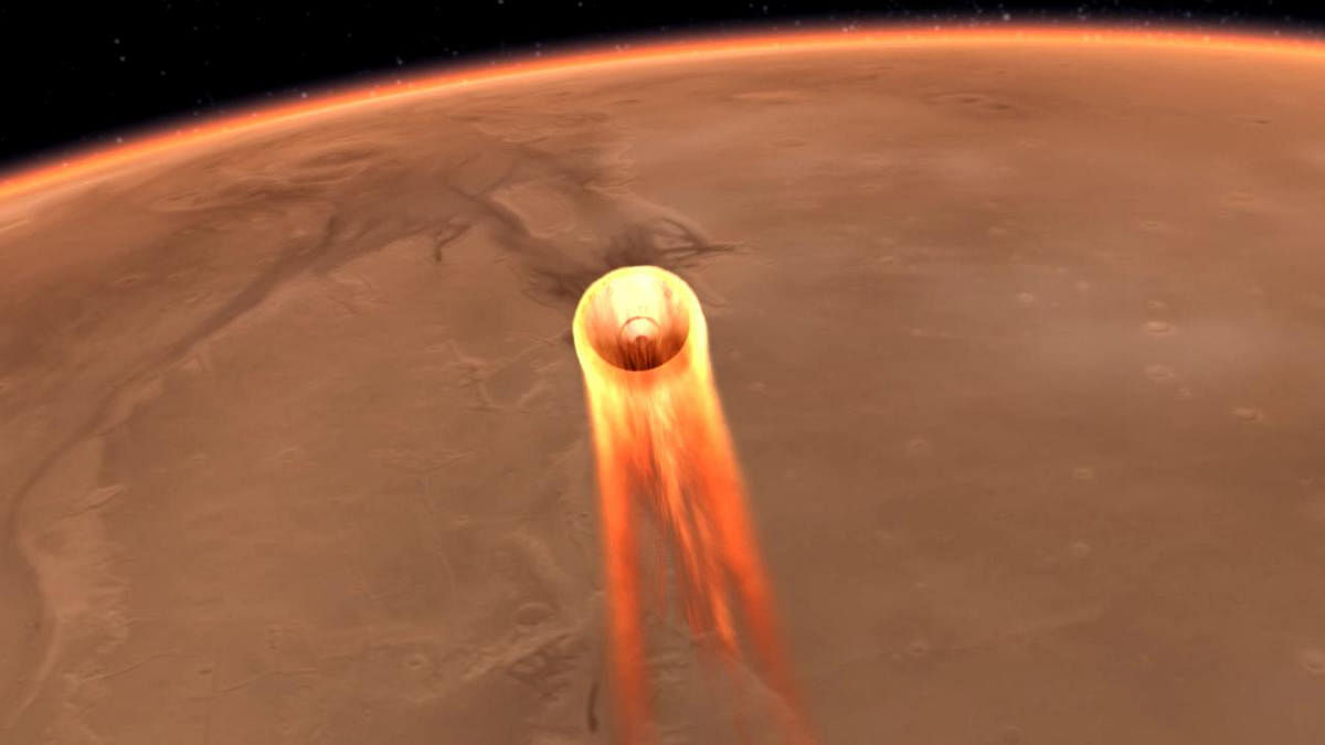 This artist's impression obtained from NASA shows InSight's entry, descent and landing at Mars. - NASA is counting down to a nail-biting touchdown on November 26, 2018, of the $993 million Mars InSight, the first spacecraft to listen for quakes and study