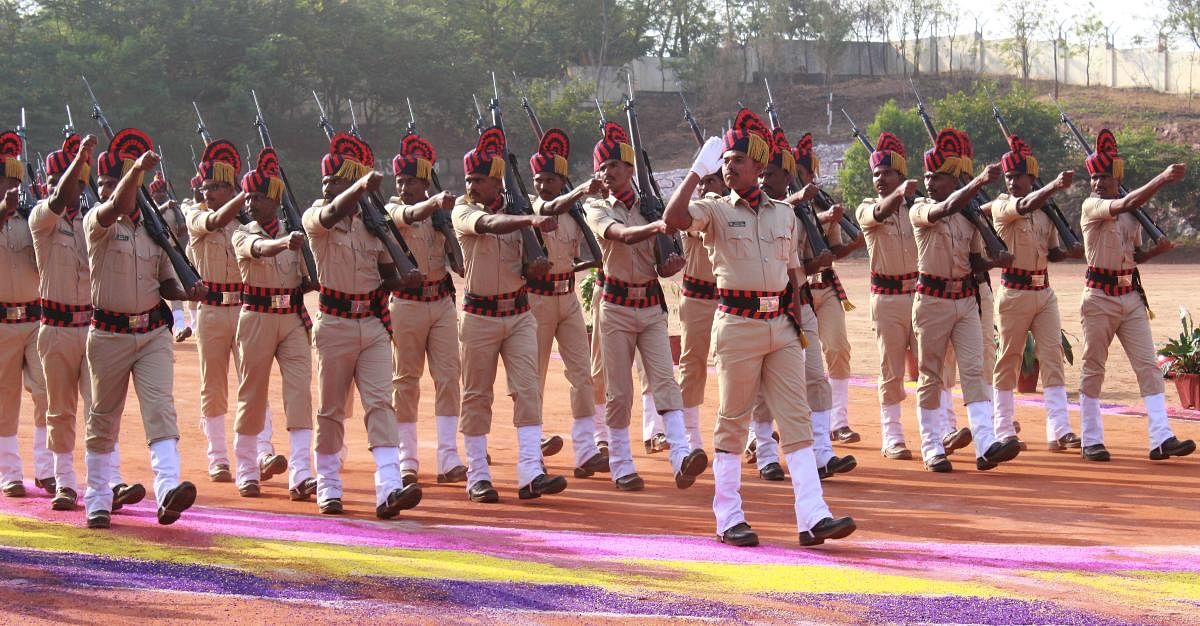 KSISF police constable trainees take part in their passing out parade at the temporary police training school on Gokul Road in Hubballi on Saturday.