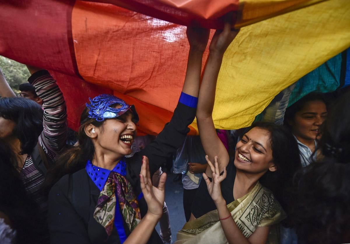 New Delhi: Members and supporters of the LGBT groups during Delhi's Queer Pride march, in New Delhi, Sunday, Nov. 25, 2018. (PTI Photo/Ravi Choudhary) (PTI11_25_2018_000214B)