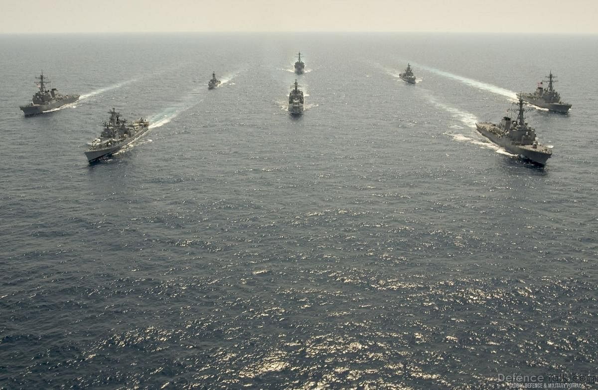 Indian and US ships off the coast of Okinawa in Japan during the first trilateral Malabar Exercise in 2007