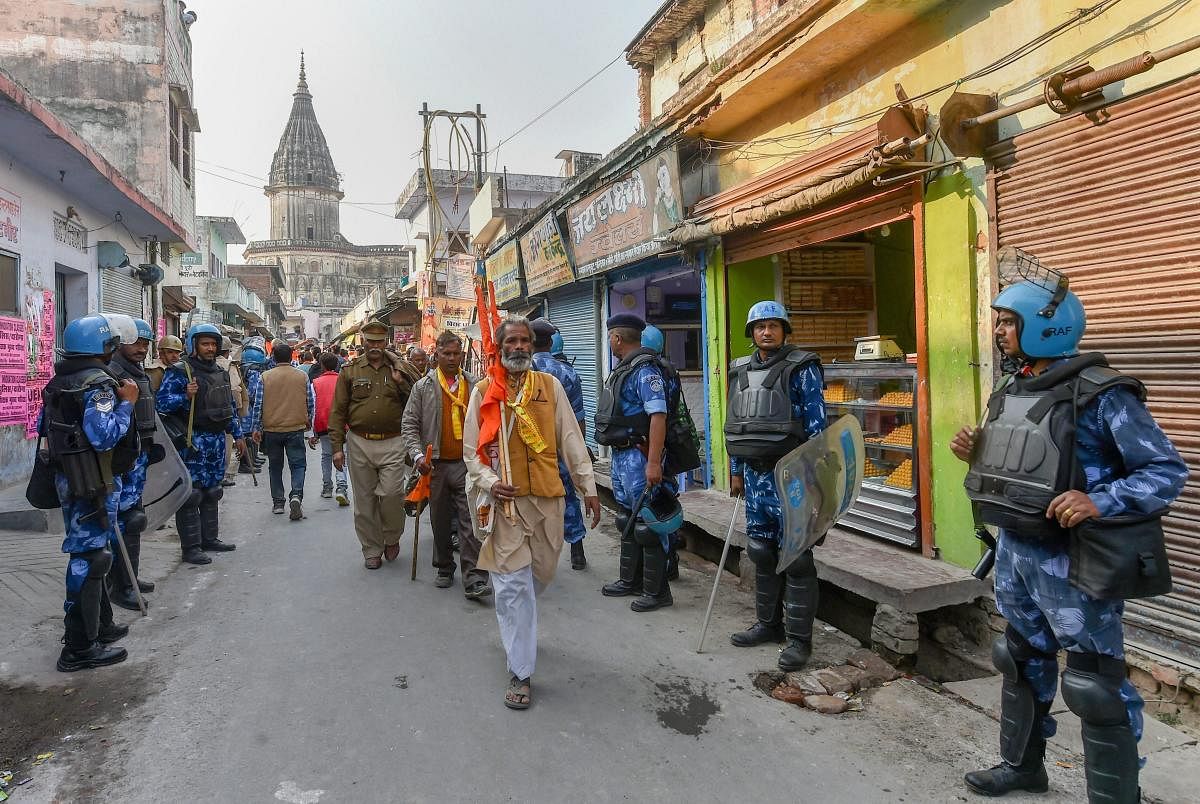 Tight security arrangements near Hanumanghari amid 'Dharam Sabha’, being organised by the Vishwa Hindu Parishad to push for the construction of the Ram temple, in Ayodhya, Sunday, Nov. 25, 2018. (PTI Photo)