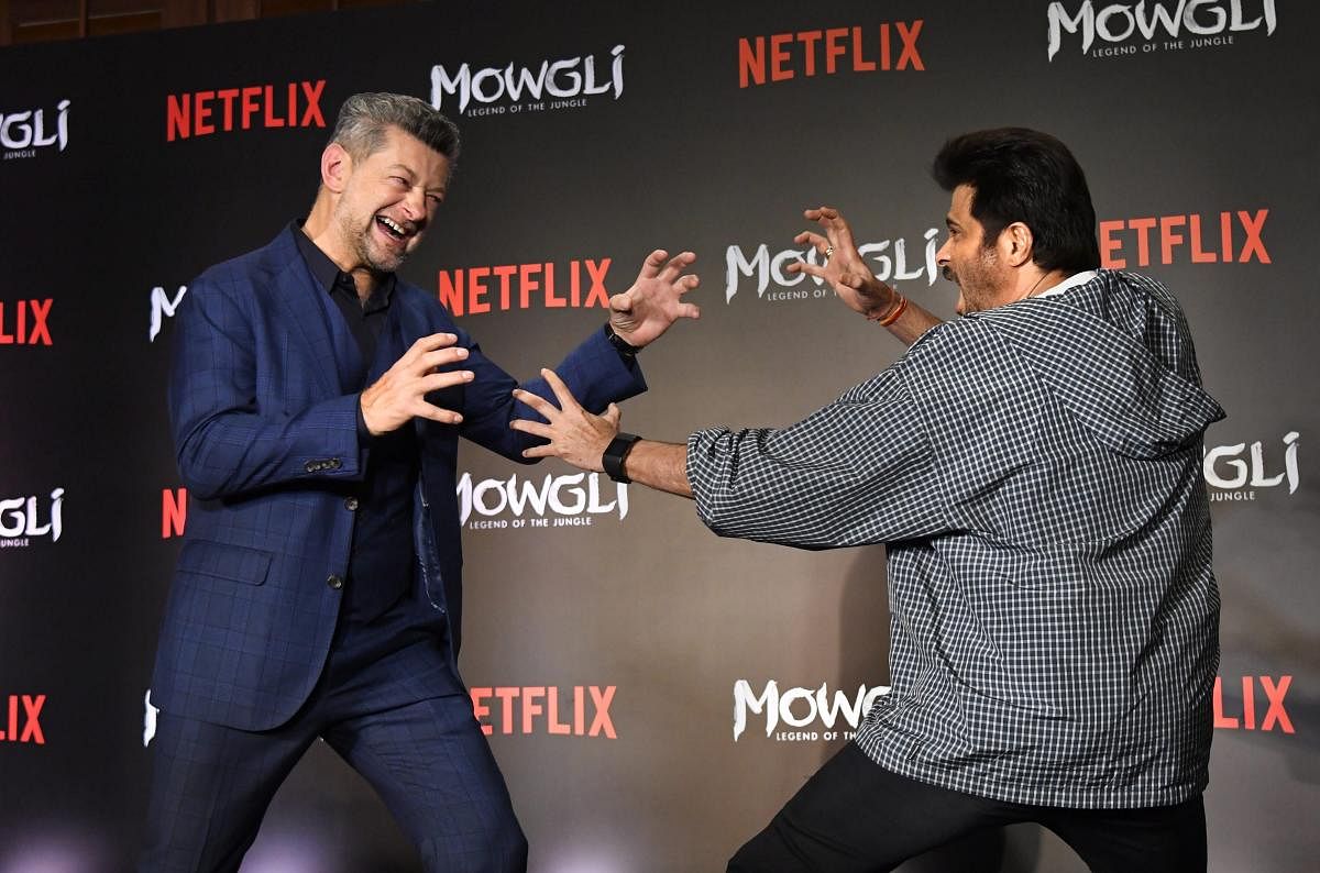 Actors Andy Serkis and Anil Kapoor at the hindi trailer launch of new Netflix movie 'Mowgli', in Mumbai, Sunday, Nov. 25, 2018. (PTI Photo)
