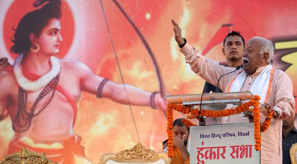 Nagpur: RSS Chief Mohan Bhagwat addresses during the "Hunkaar Sabha" organised by Vishwa Hindu Parishad (VHP) to mobilise support in favour of Ram Mandir at Ayodhya, in Nagpur, Maharashtra, Sunday, Nov 25, 2018. (PTI Photo) (PTI11_25_2018_000251A)